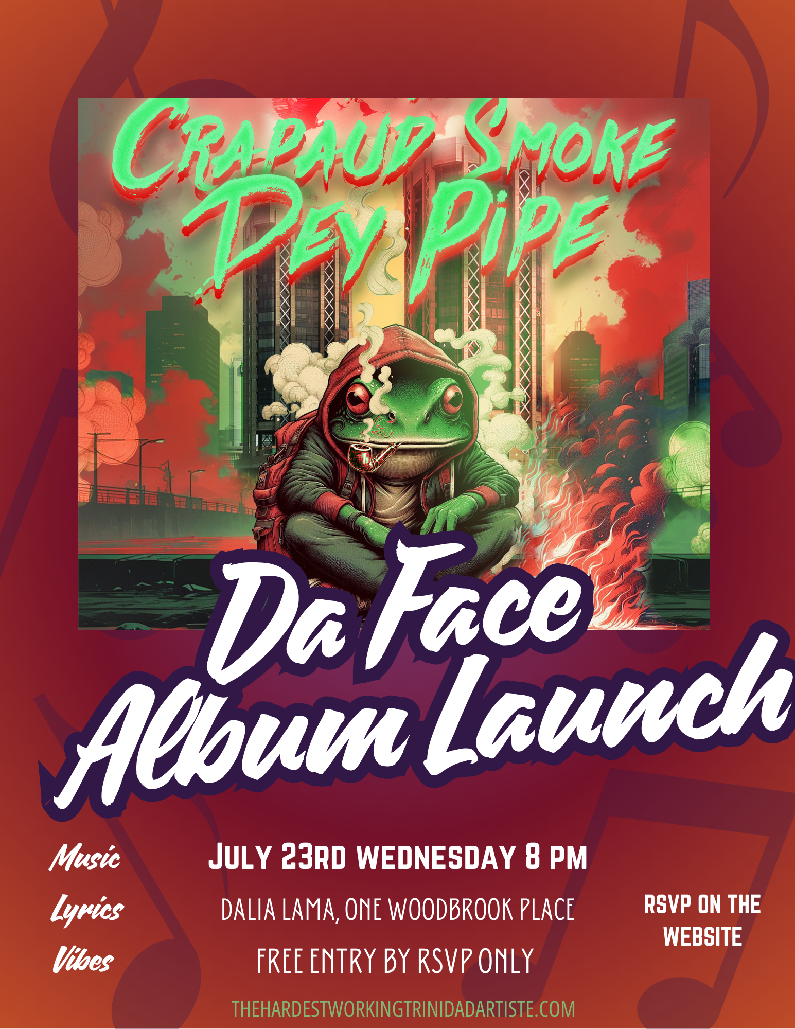 Crapaud smoke dey pipe listening party 1 album launch flyer